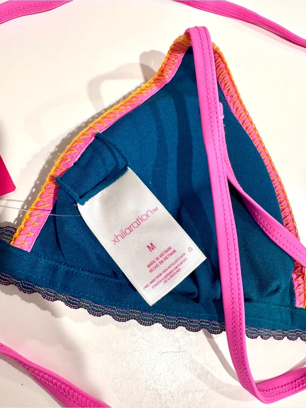 Teal Triangle Bikini Swimming Set with Pink Straps & Zigzag Elastic Trim M/L
